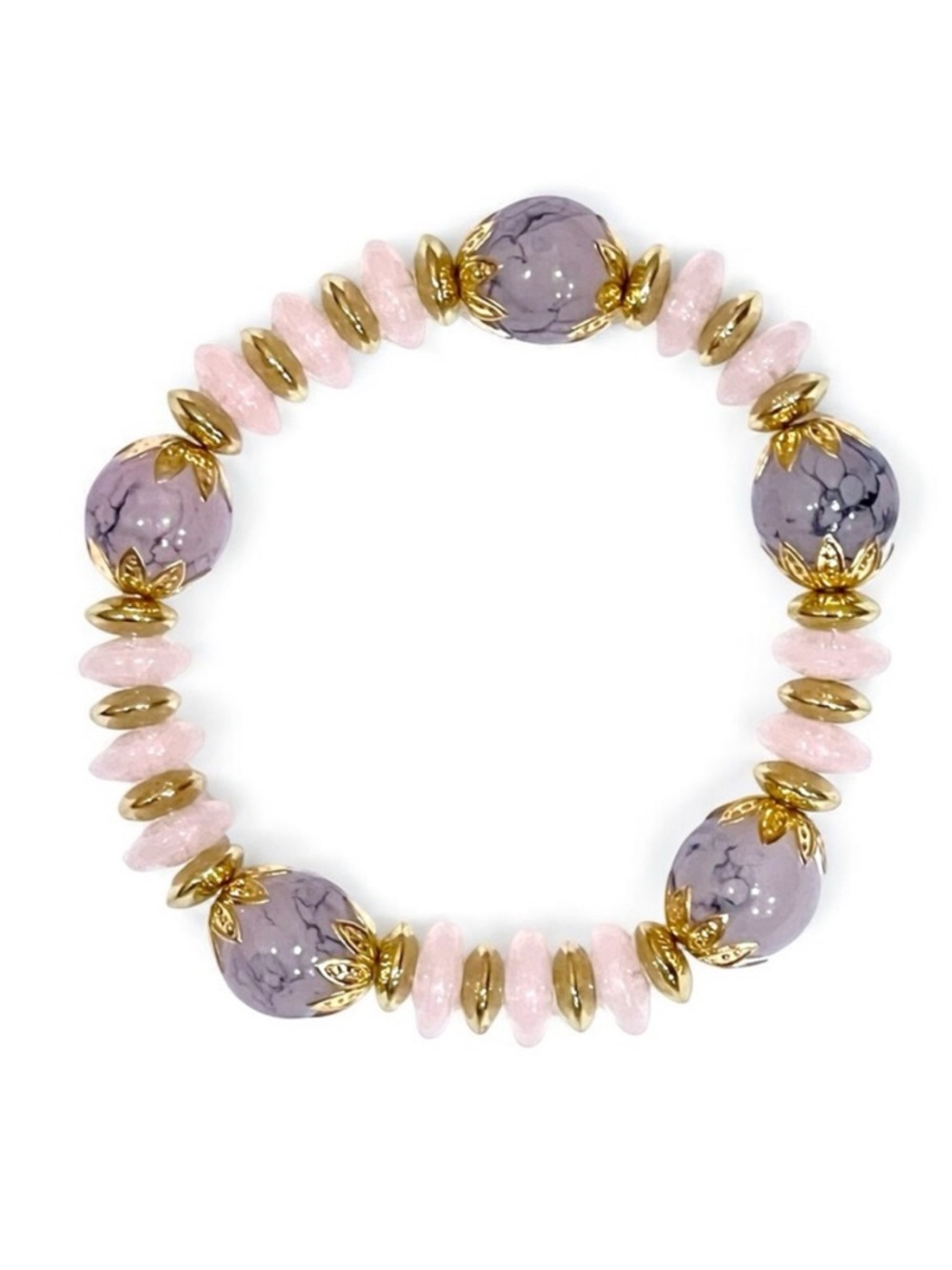 Pink and Purple Marble Beaded Stretch Bracelet with Gold Tone Spacers